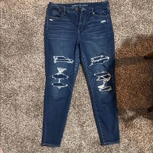 American Eagle Outfitters Women's Dark Blue Ripped Skinny Jeans